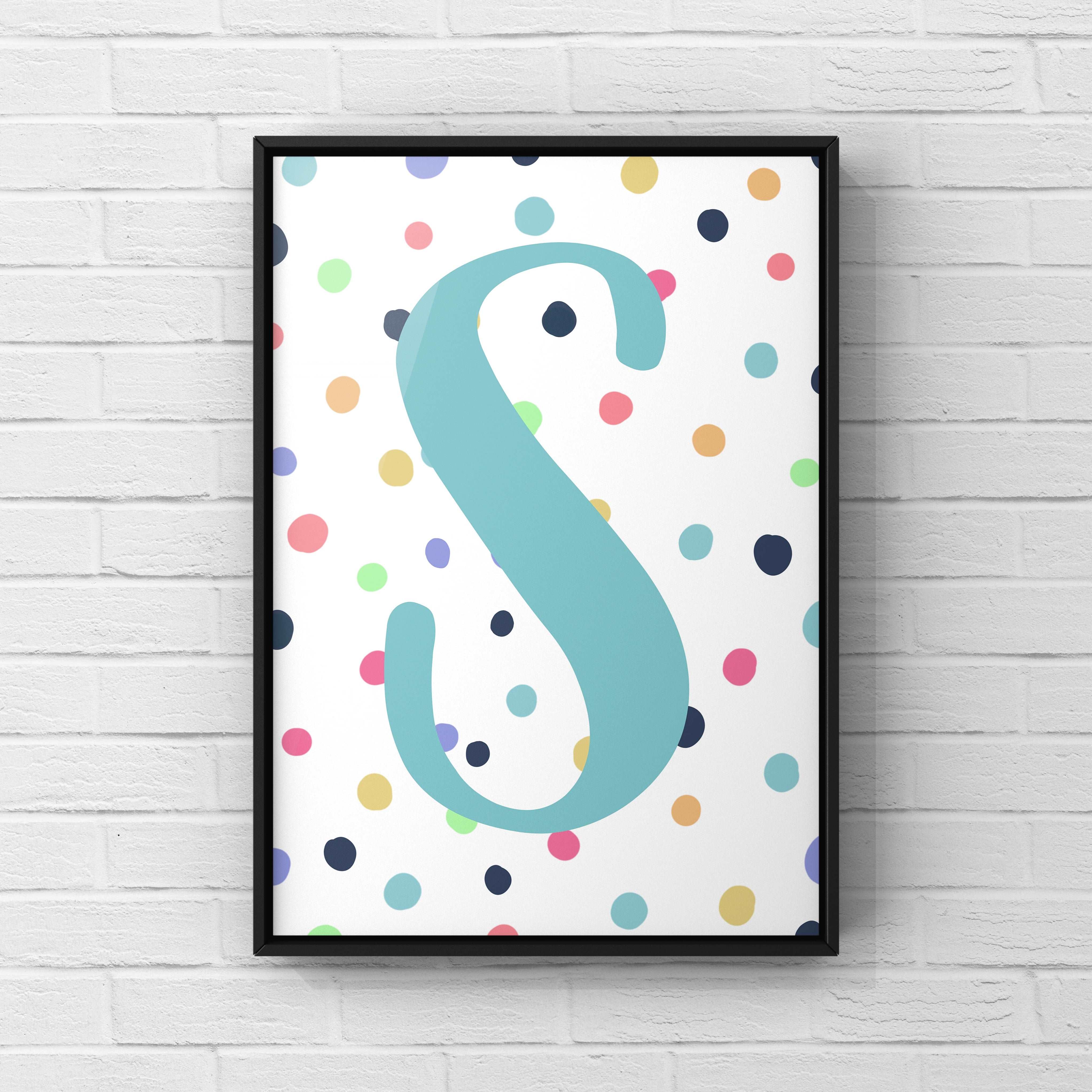 Letter / Initial Print - Blue & Rainbow Polka Dots Posters, Prints, & Visual Artwork Pretty Average