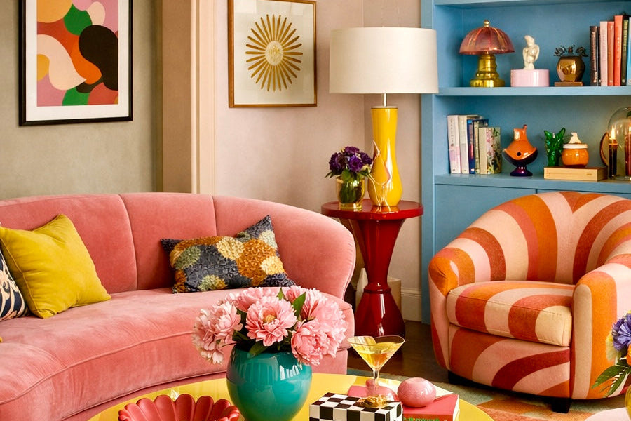 Colorful living room with pink sofa, striped armchair, and yellow coffee table.