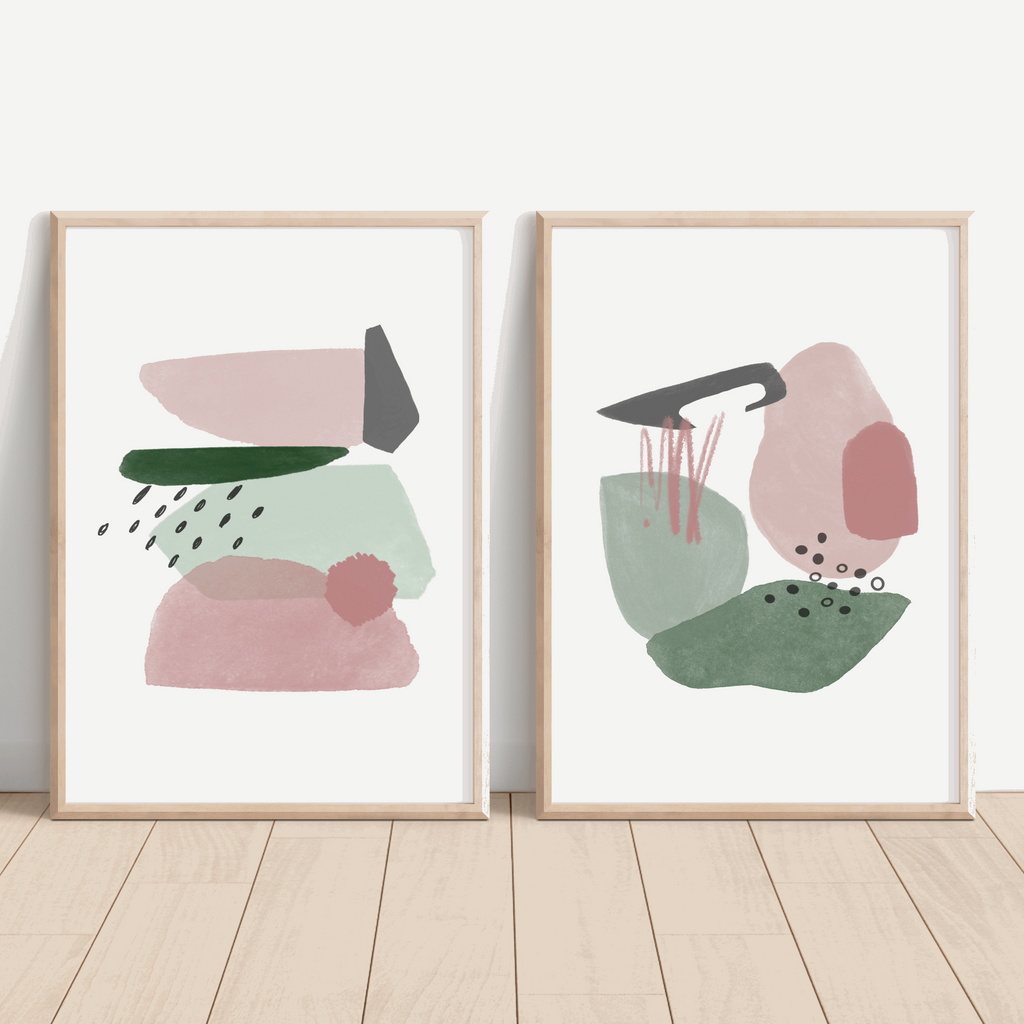 Emerald Green & Pink Abstract Shapes Print Bundle - Set of Two Prints ...