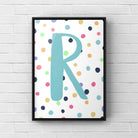 Letter / Initial Print - Blue & Rainbow Polka Dots Posters, Prints, & Visual Artwork Pretty Average   