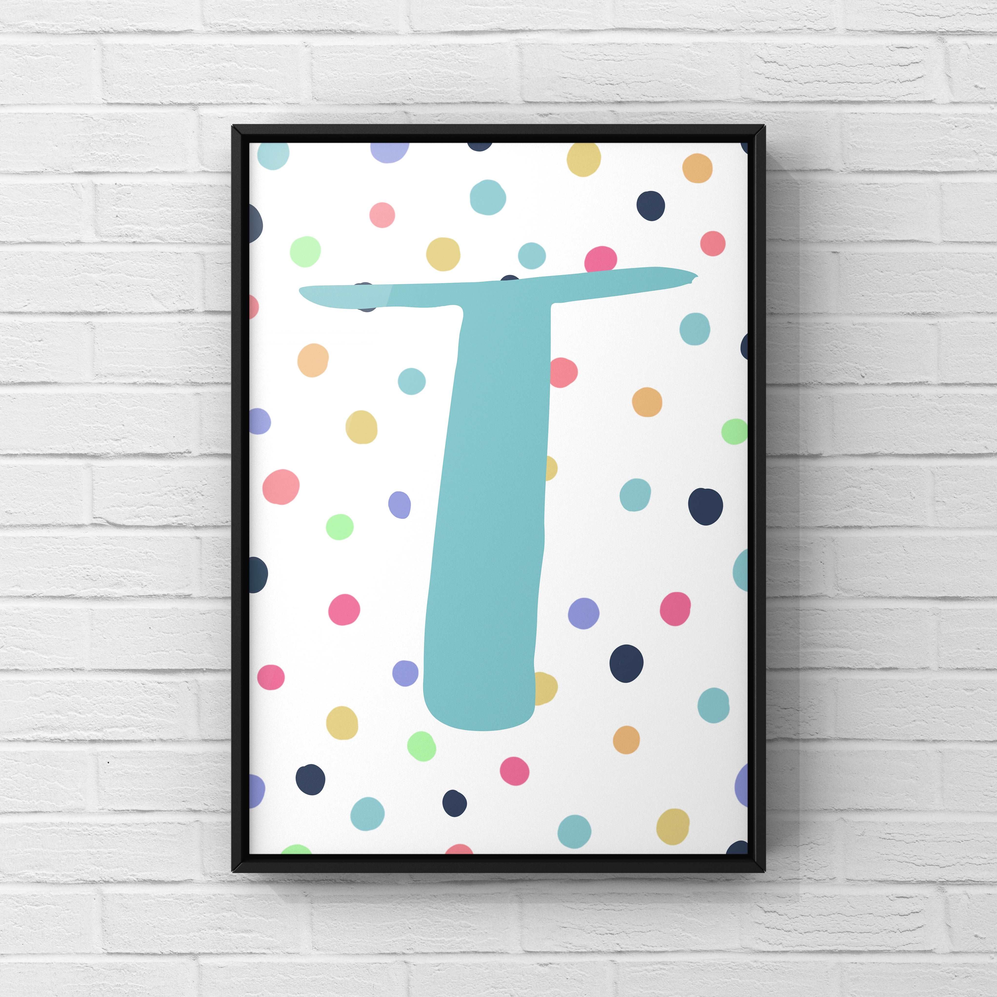 Letter / Initial Print - Blue & Rainbow Polka Dots Posters, Prints, & Visual Artwork Pretty Average   