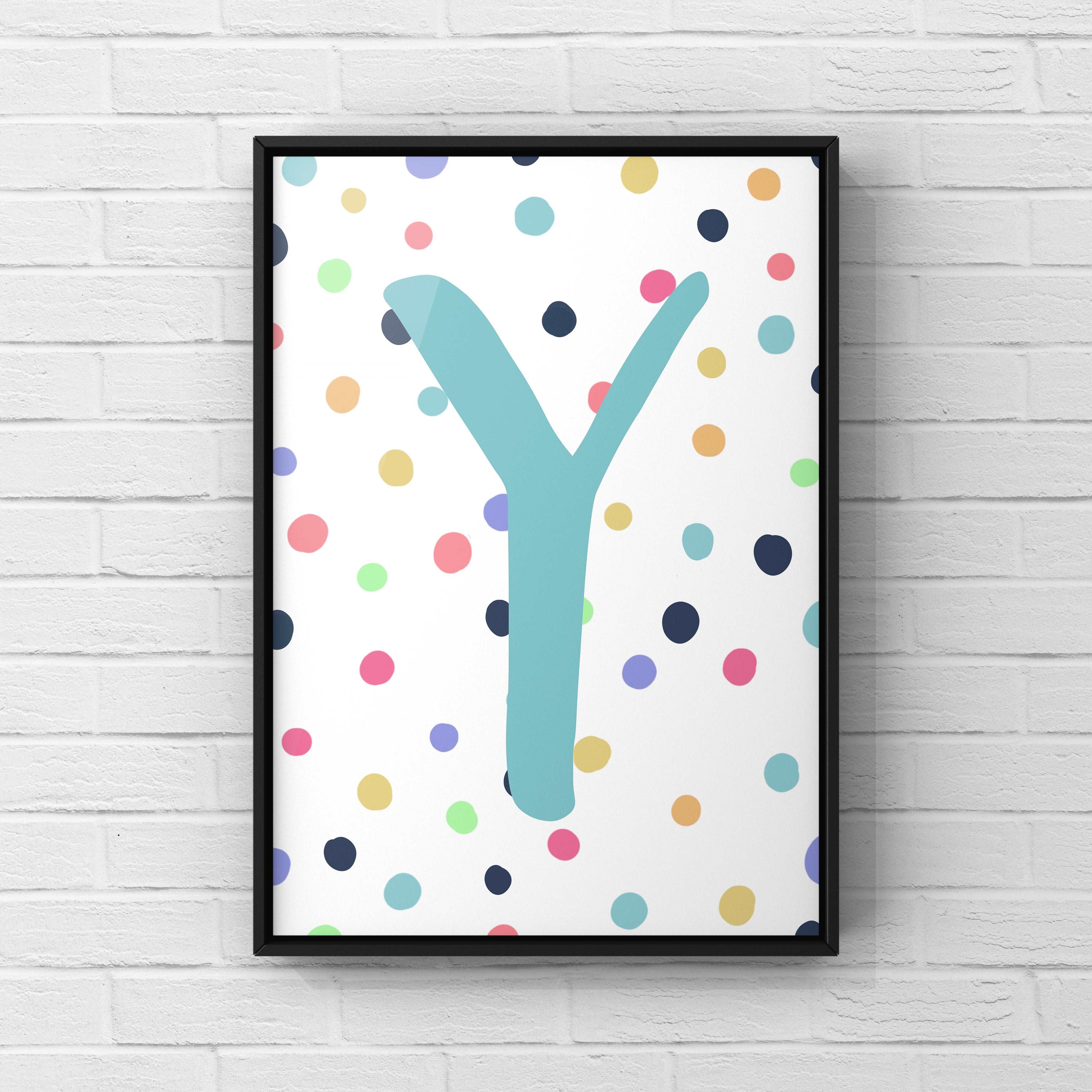 Letter / Initial Print - Blue & Rainbow Polka Dots Posters, Prints, & Visual Artwork Pretty Average   